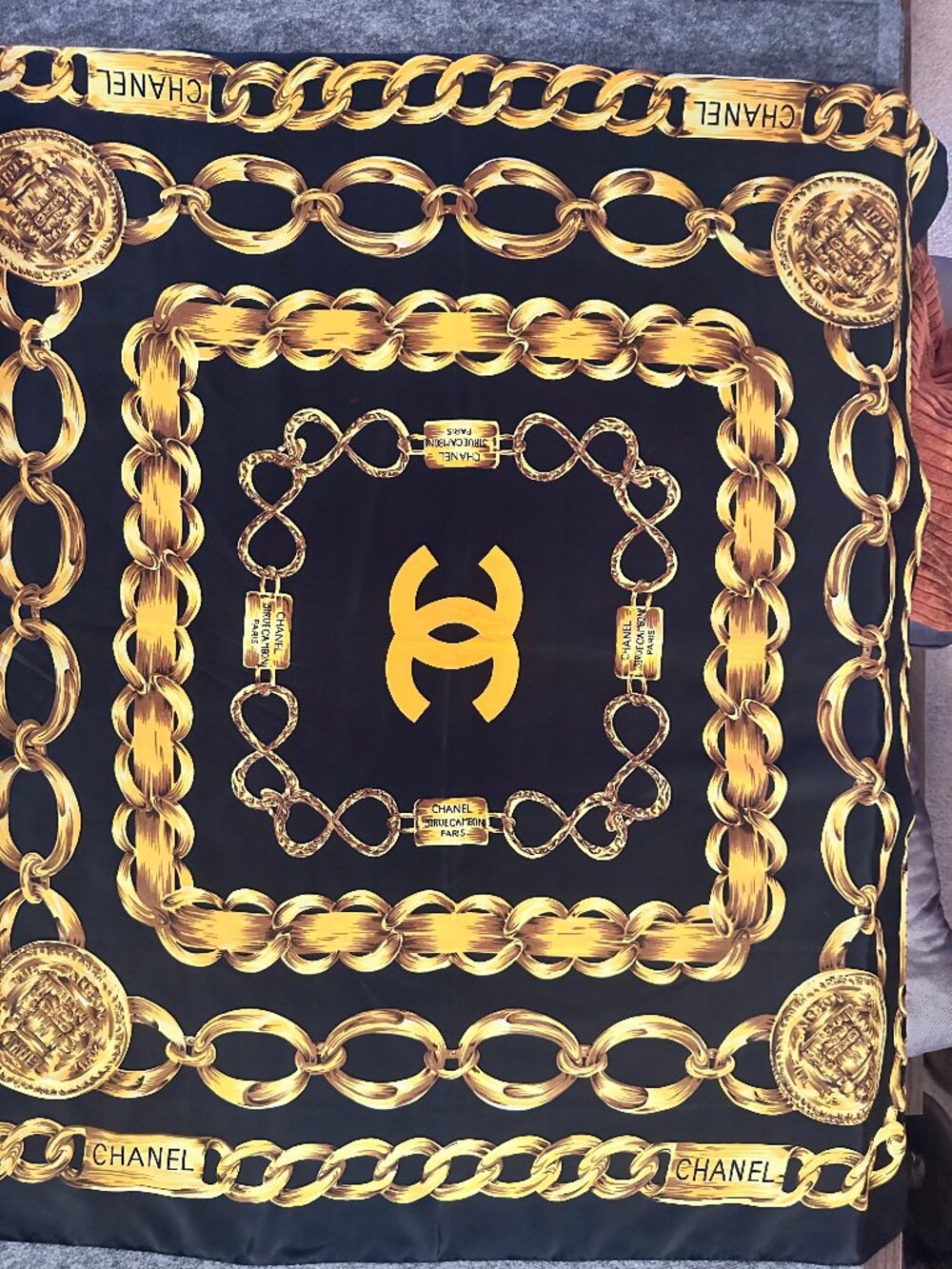 Authentic Vintage CHANEL Black and Gold Chain SILK Scarf. Perfect Condition.